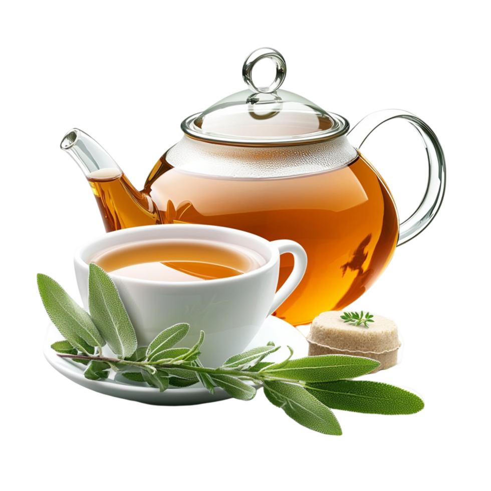 Teapot and teacup with green leaves on a table setting png