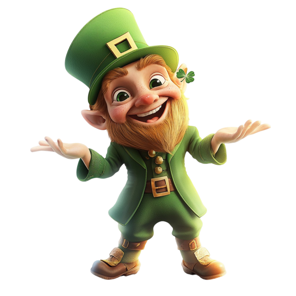 Smiling leprechaun character wearing a green suit and hat png