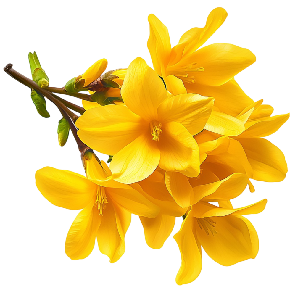 Bright yellow flowers clustered on a branch with green leaves png