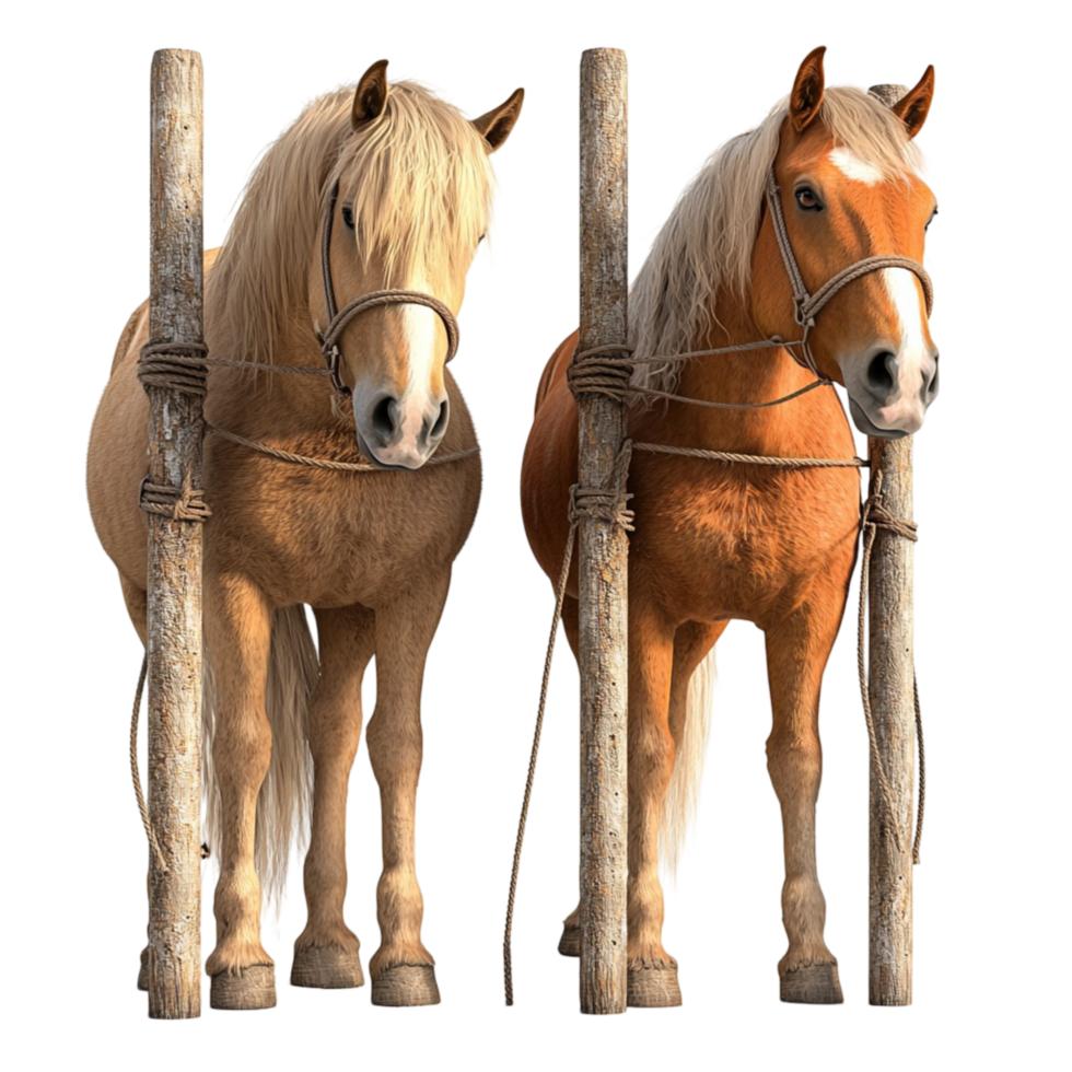 Two small wooden horse figurines standing side by side png