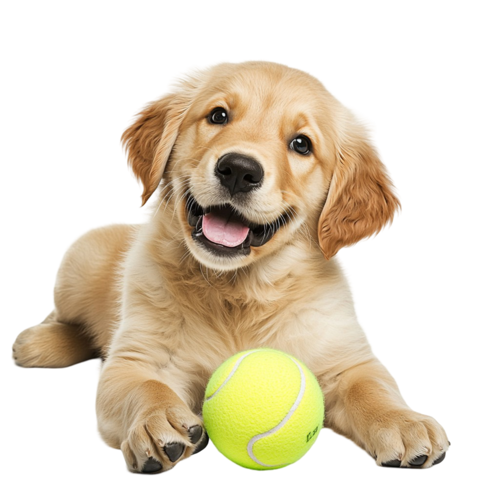 Golden retriever puppy playing with a yellow tennis ball png