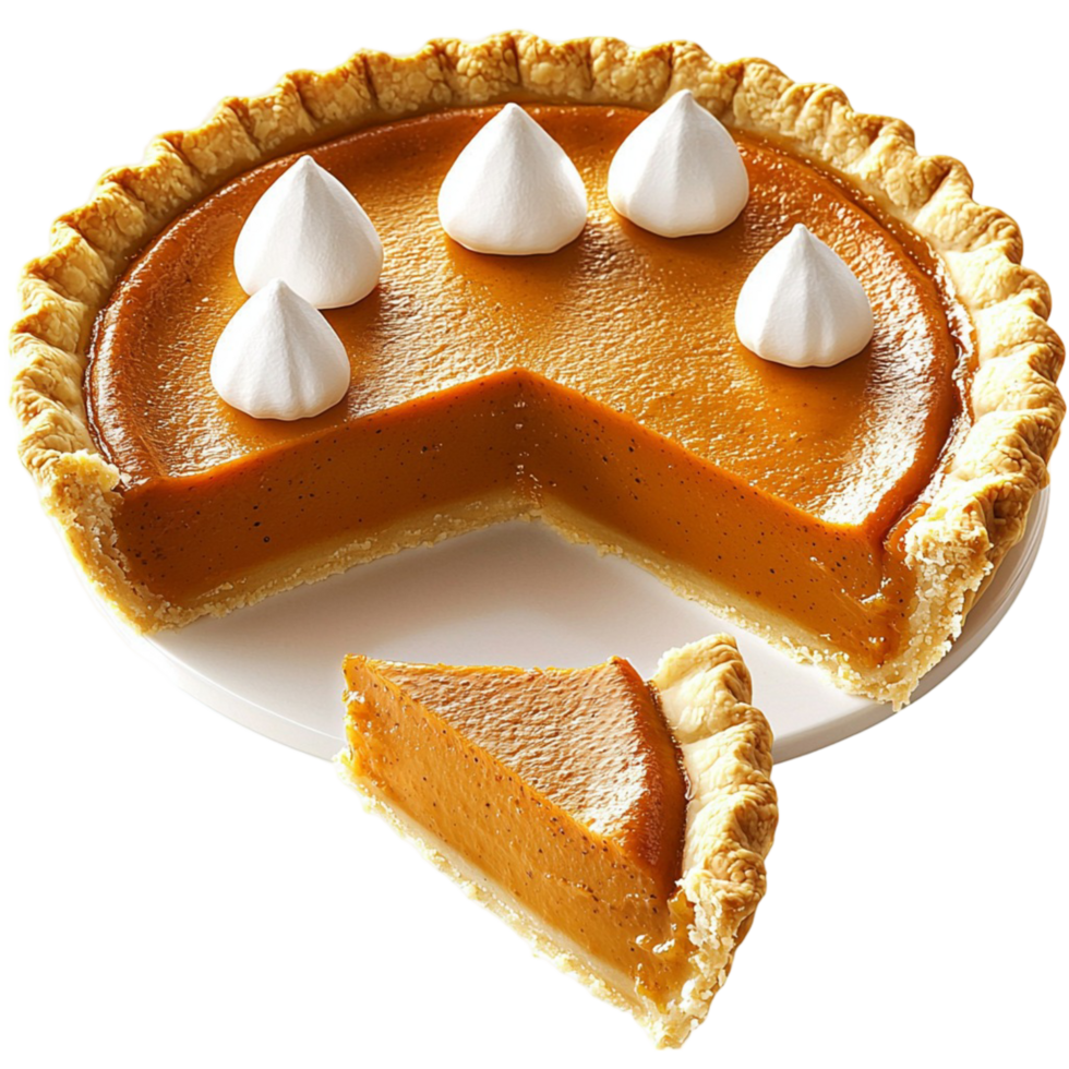 Slice of pumpkin pie with whipped cream topping png