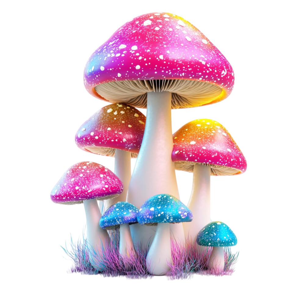 Cluster of colorful fantasy mushrooms with glowing caps png