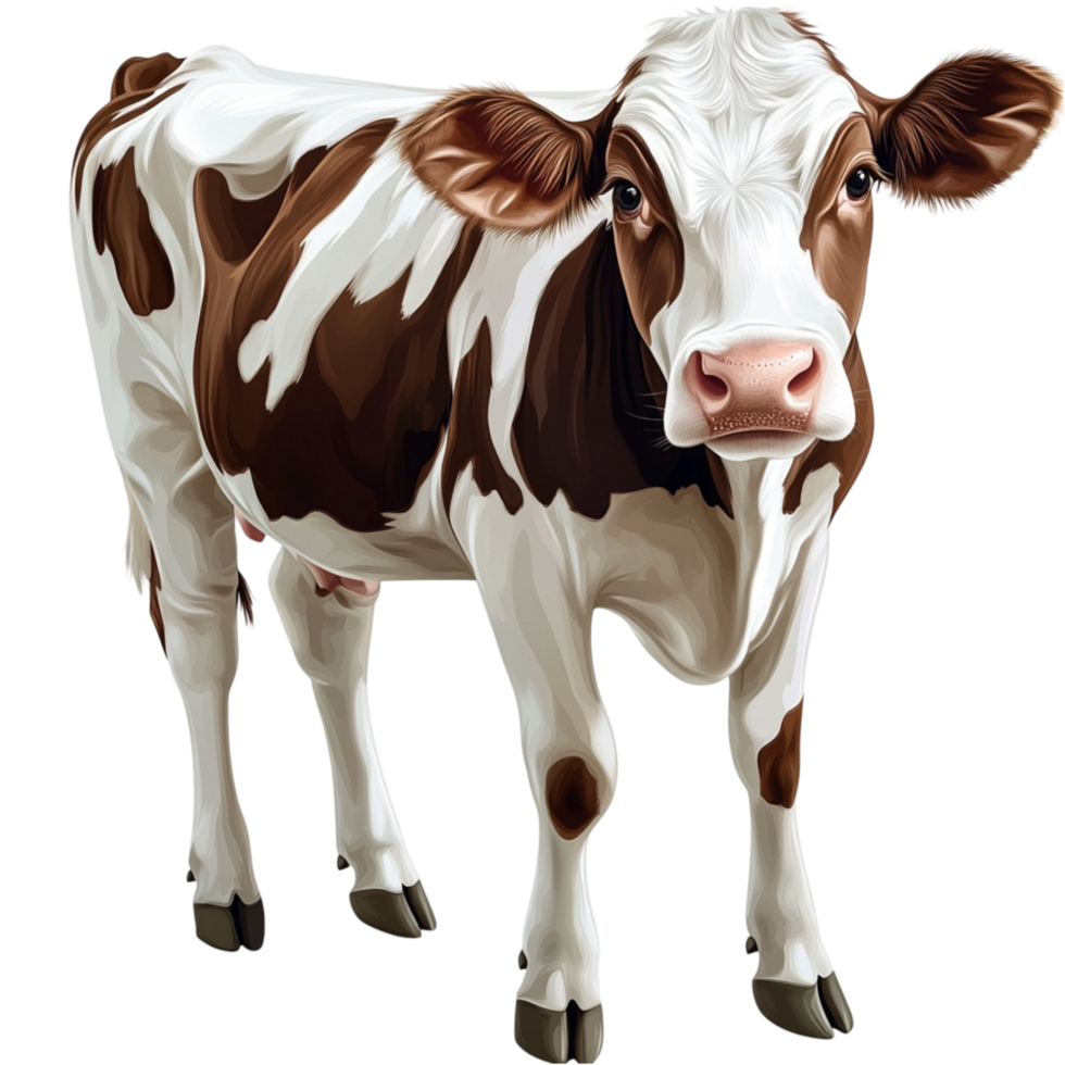 Two brown and white cows standing close to each other png
