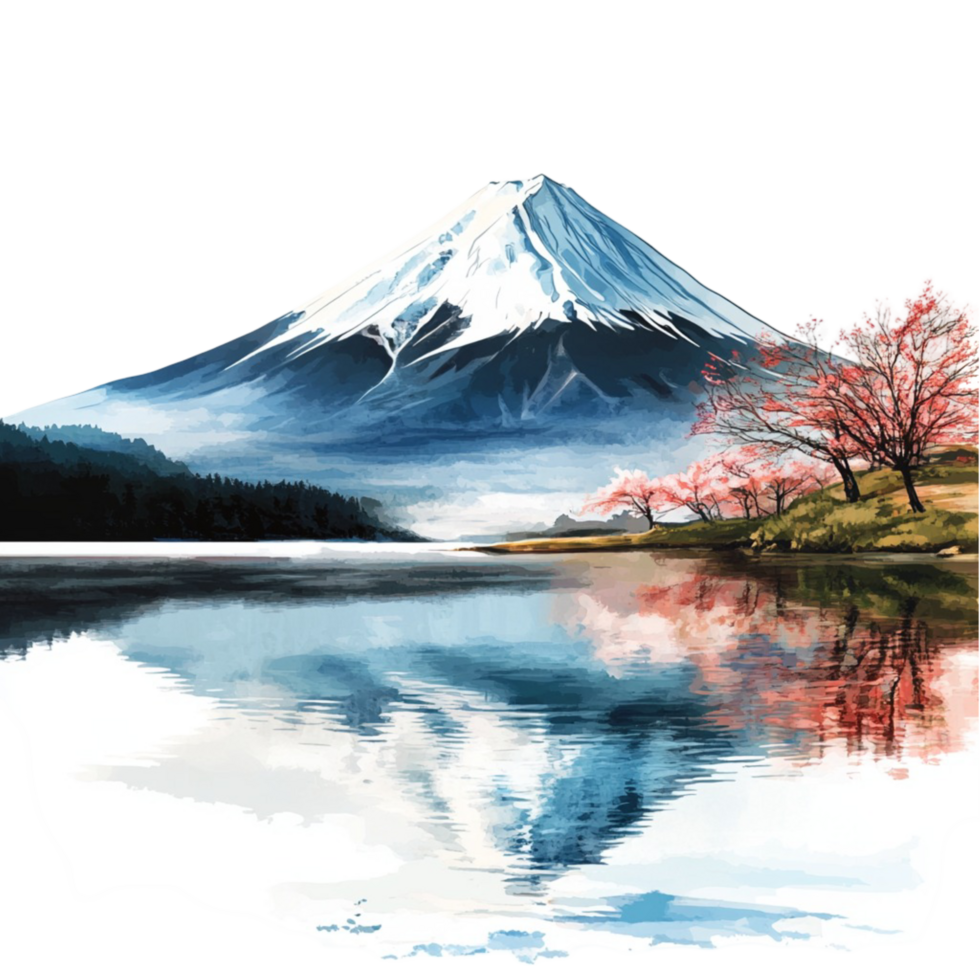 Mountain reflecting in a calm lake with a clear blue sky png