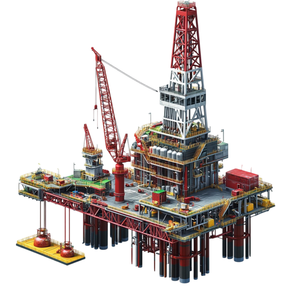 Offshore oil platform with cranes and industrial structures png