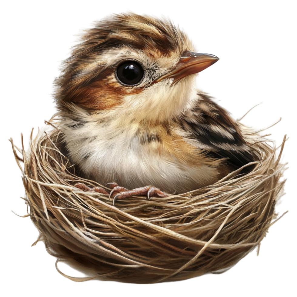 Small bird in a nest made of twigs and grass png