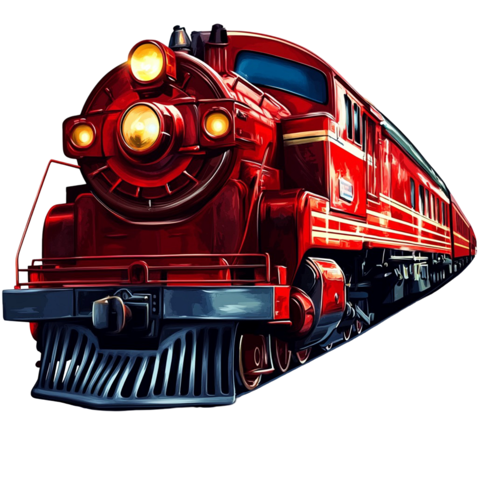 Red and black steam train on a track png