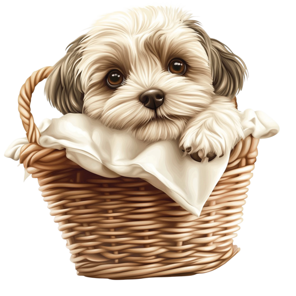 Small puppy nestled in a woven basket looking upwards png
