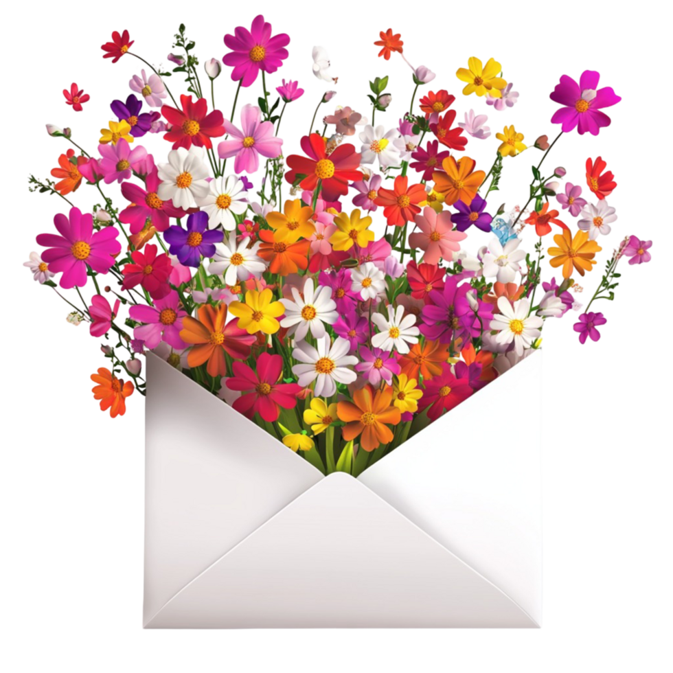 Colorful bouquet of flowers in a white envelope arrangement png