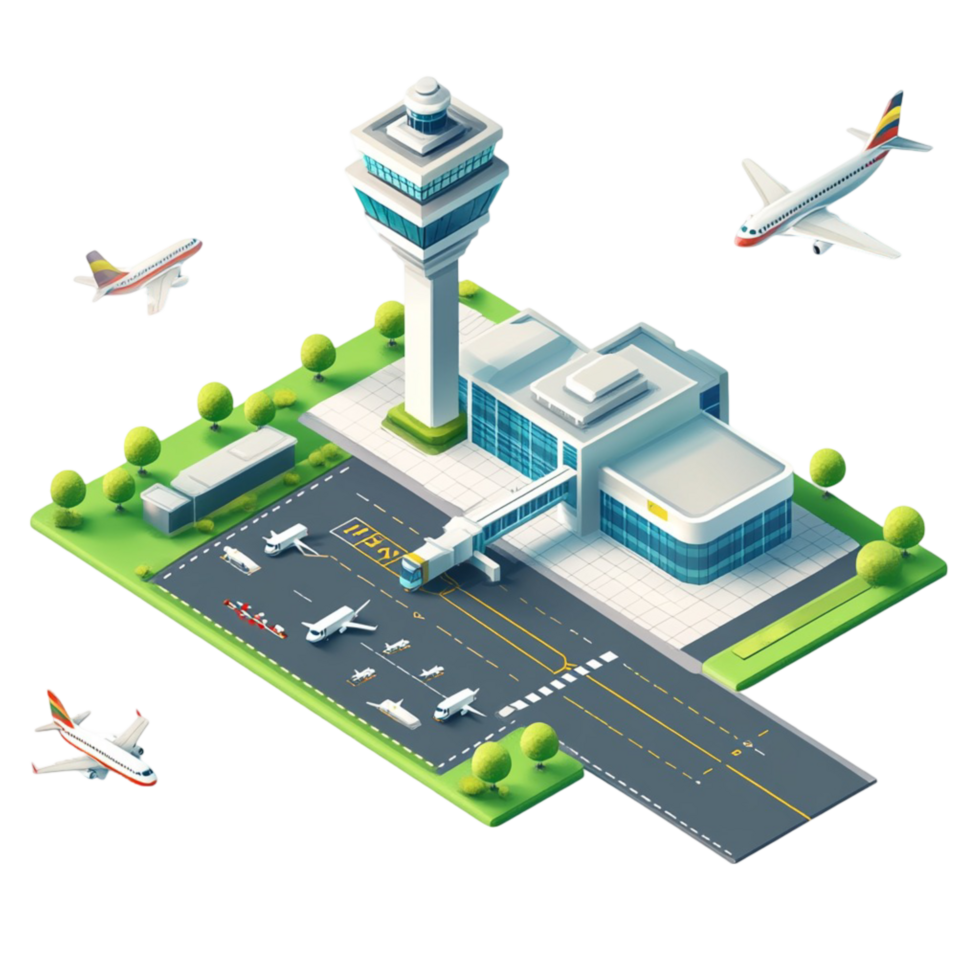 Detailed isometric view of a modern airport and cityscape png