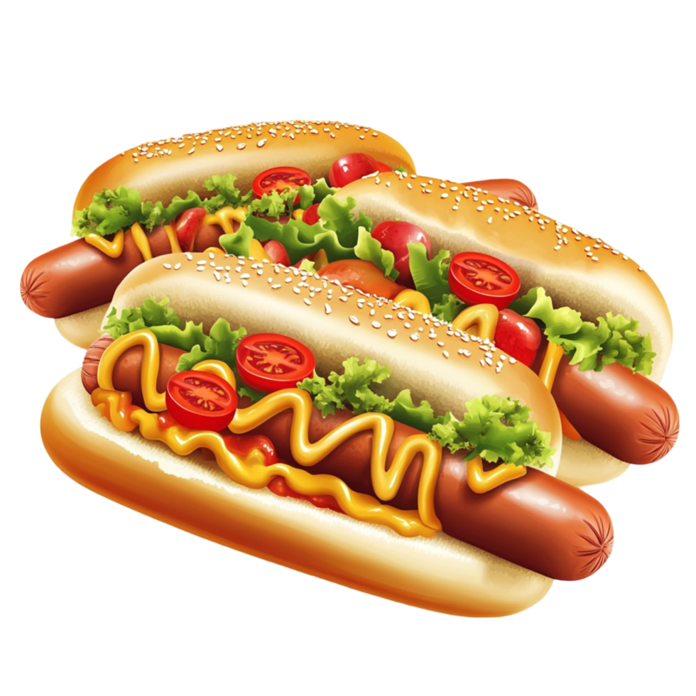 Two classic hot dogs with mustard and ketchup toppings png