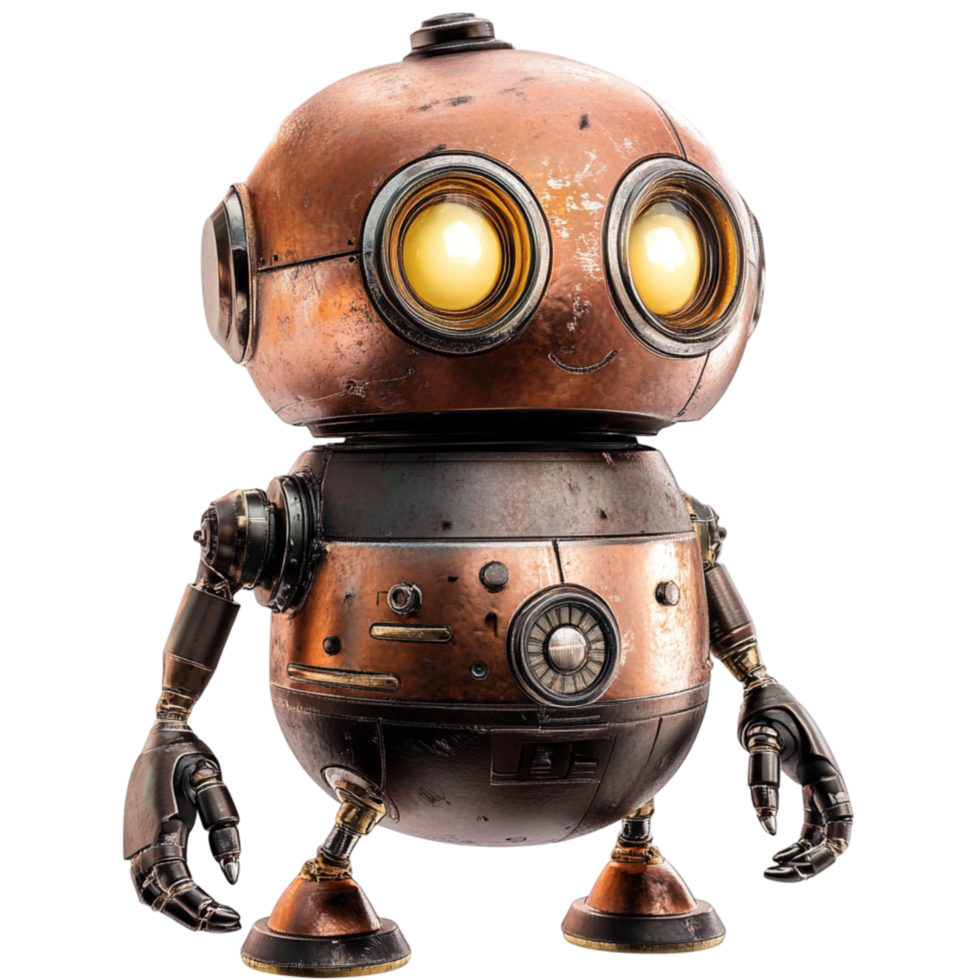 Vintagestyle brown robot with glowing eyes and metallic details png