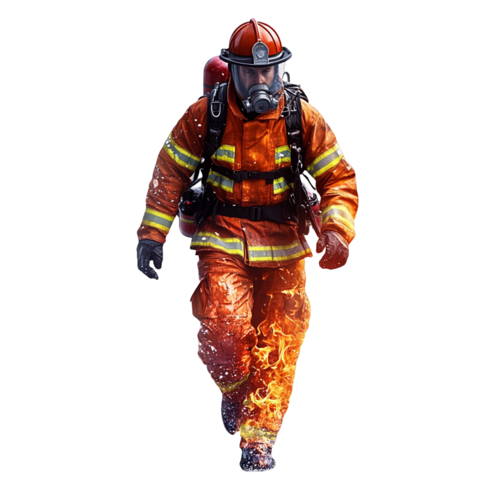 Firefighter in full gear confidently walking towards an unknown blaze png