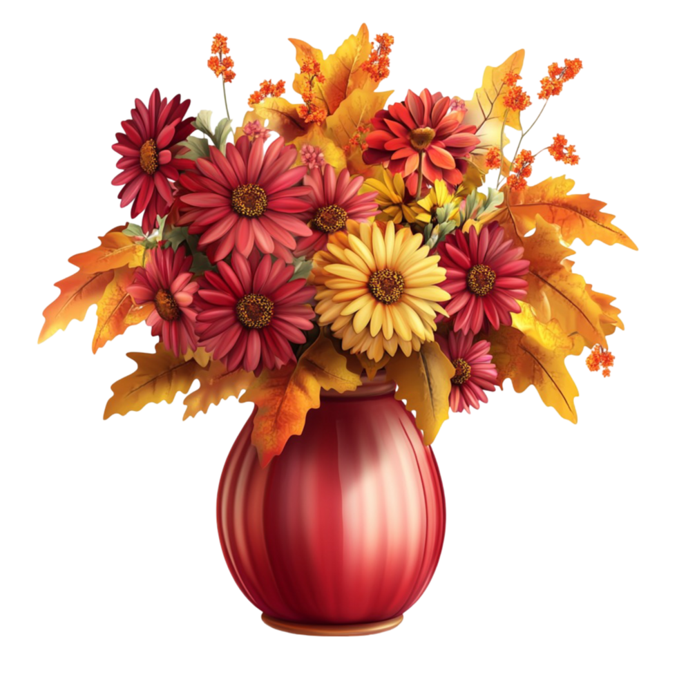 Orange red and yellow fall flowers arranged in red striped vase png