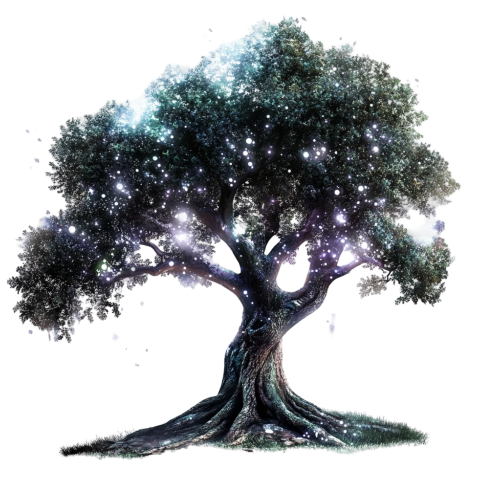 Glowing magical tree with sparkling branches and curved trunk png