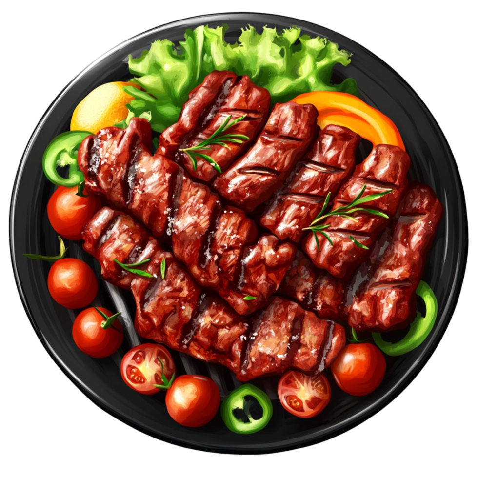 Grilled meat platter with vegetables served on black round plate png