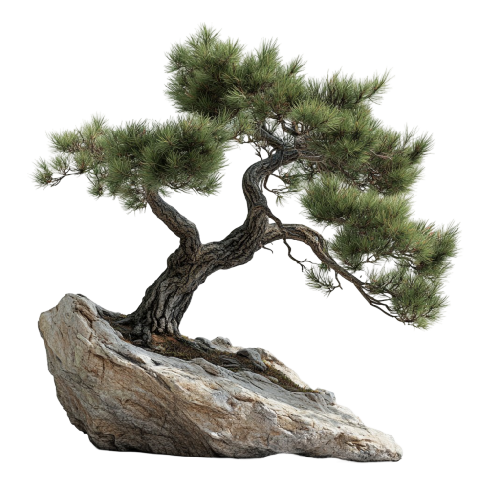 Curved bonsai tree growing from rock with beautiful twisted trunk png