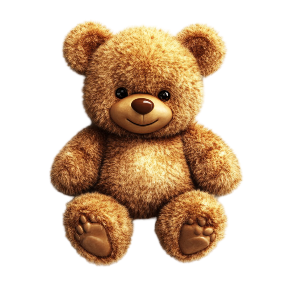 Smiling sitting teddy bear plush toy with fuzzy brown fur png