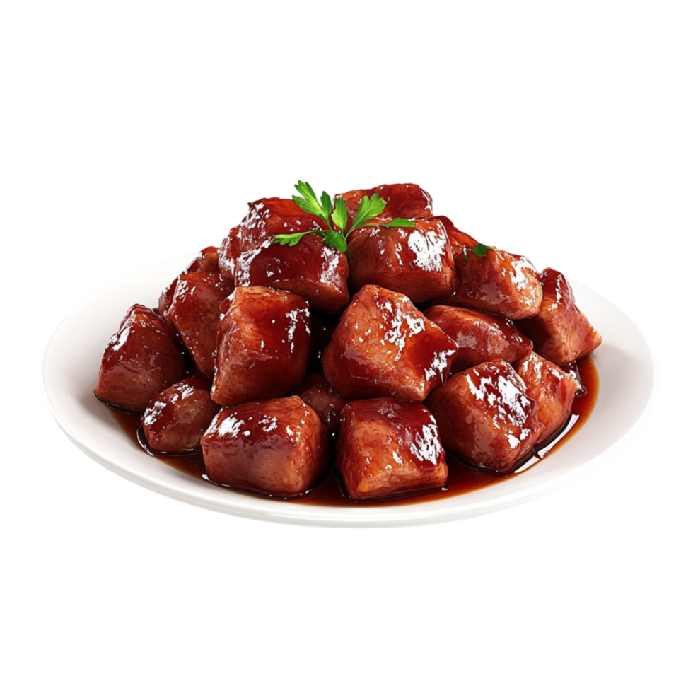 Glazed pork meat cubes served on clean white round plate png
