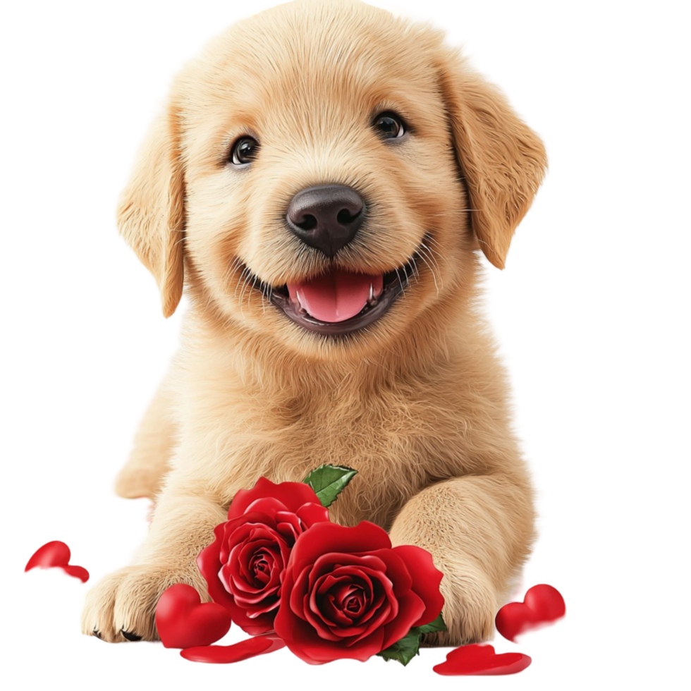 Happy golden retriever puppy with red roses cute pet portrait png