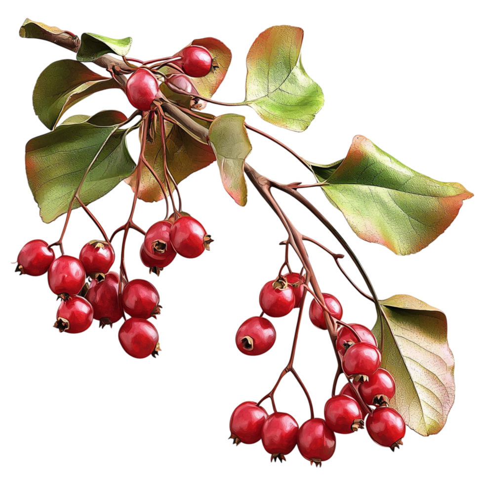 Nature detail red berries on branch with green leaves png