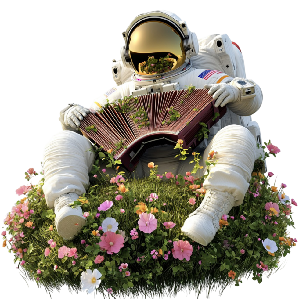 Astronaut playing accordion music on floral hill png