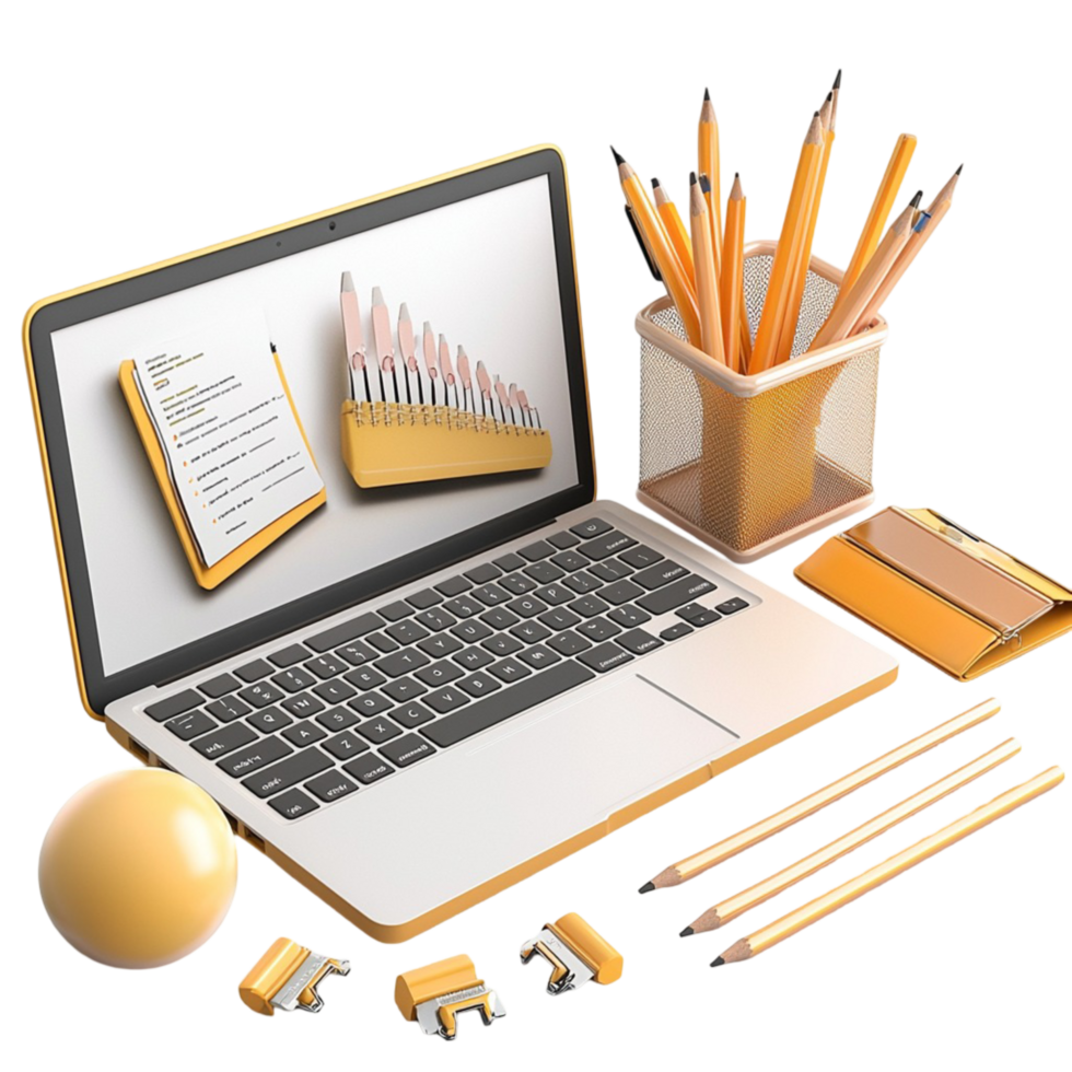 Modern laptop with office supplies digital workspace png