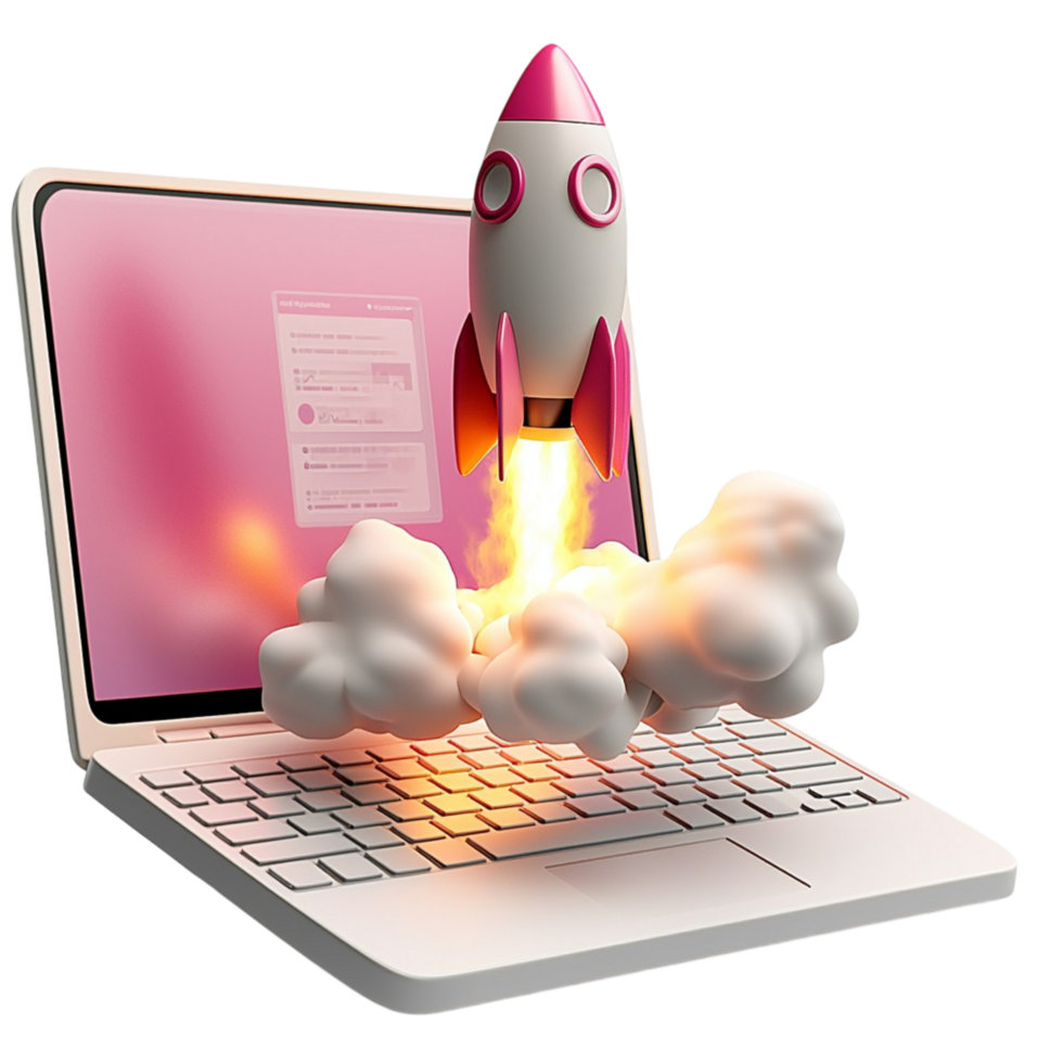 Digital innovation with pink laptop and rocket launch png