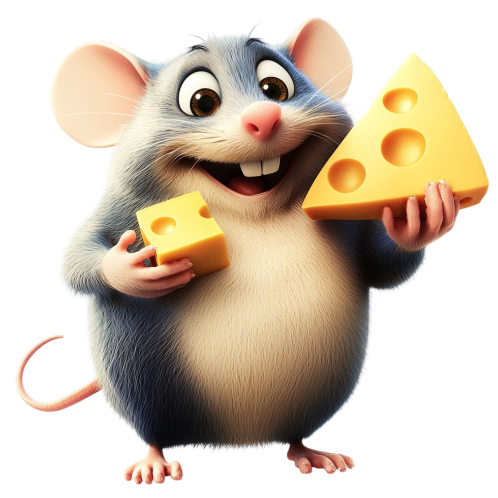 Cute mouse holding a cheese slice charming character png