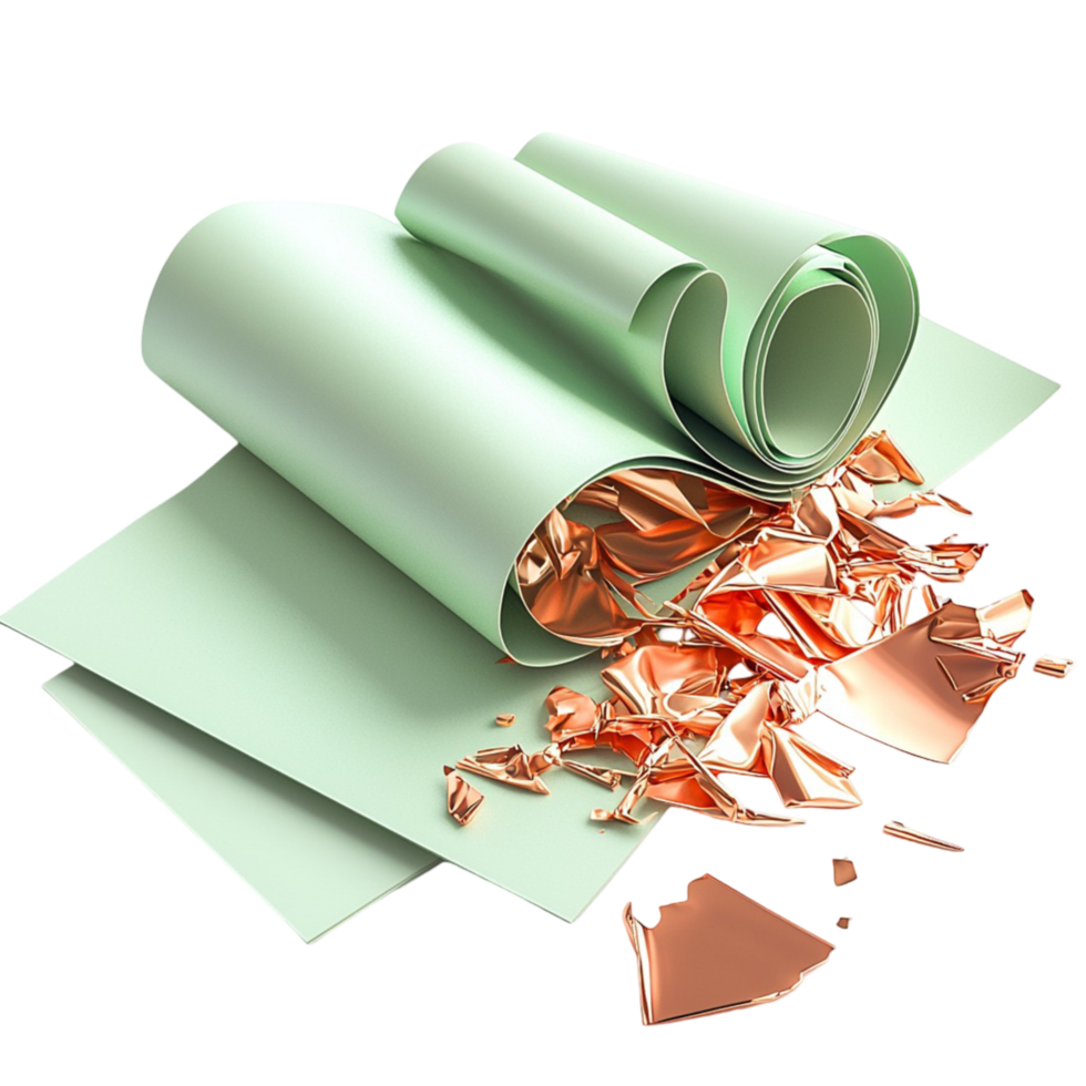 Rolled green paper and crushed copper foil abstract material design png