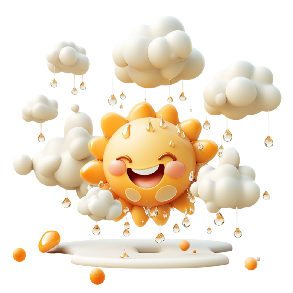 Smiling sun with clouds and raindrops weather png