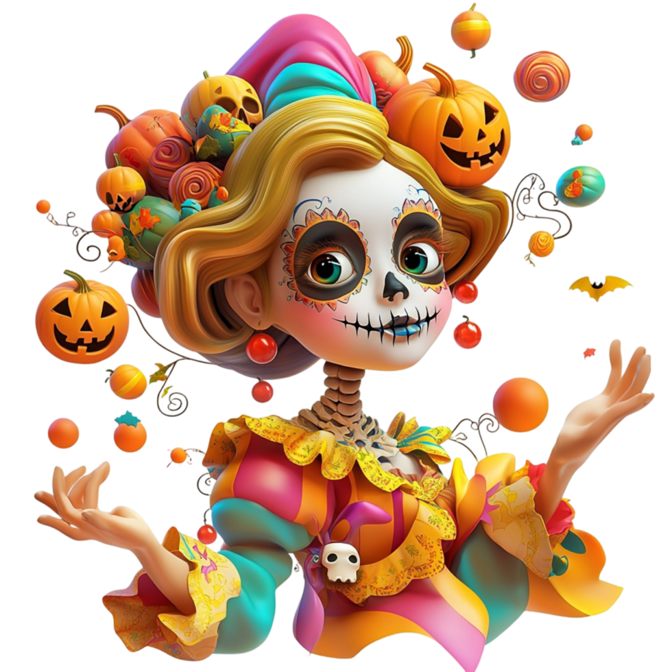 Halloween sugar skull girl with pumpkins and candy spooky png