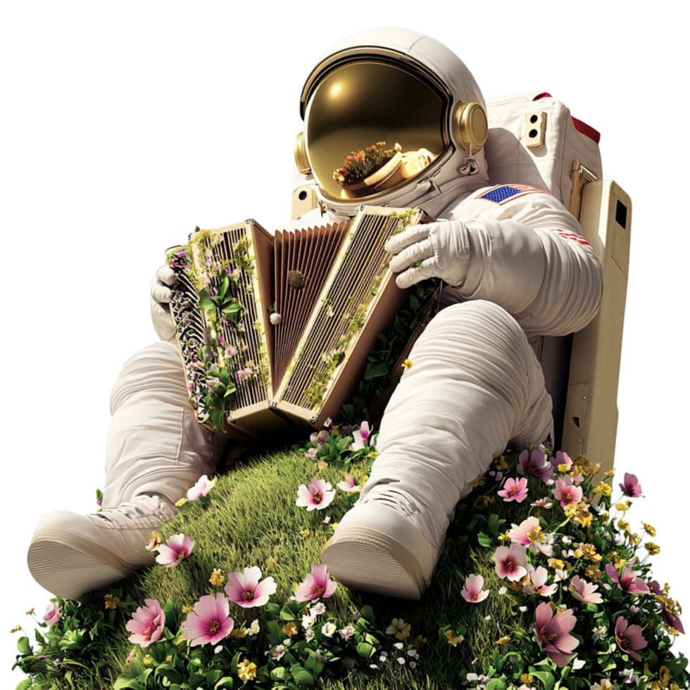 Astronaut sitting on floral hill reading book space exploration png