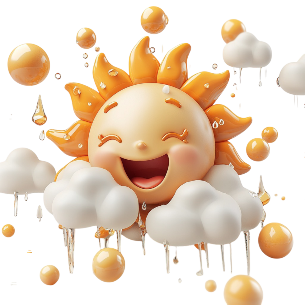 Cheerful sun with clouds and raindrops weather scene png