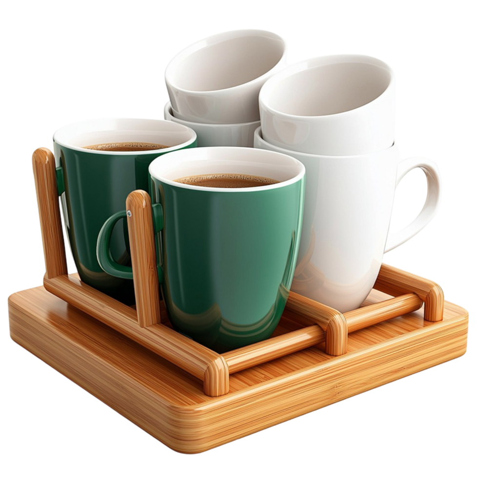 Two coffee mugs on wooden tray warm beverage still life png