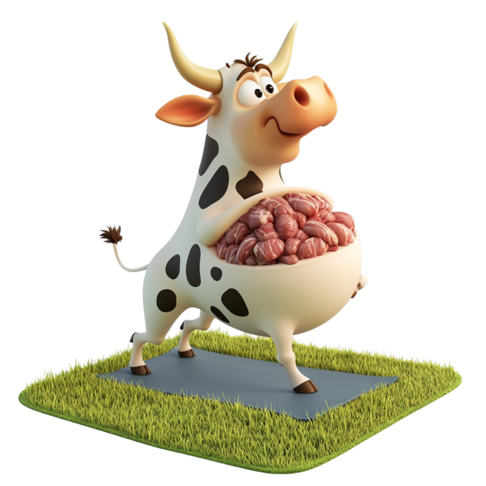 Cartoon cow doing yoga on mat funny animal exercise png