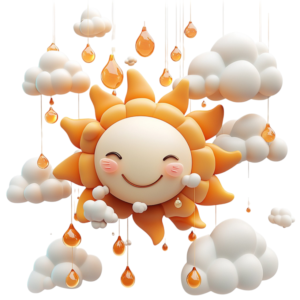 Smiling sun with rain clouds and raindrops weather icon png