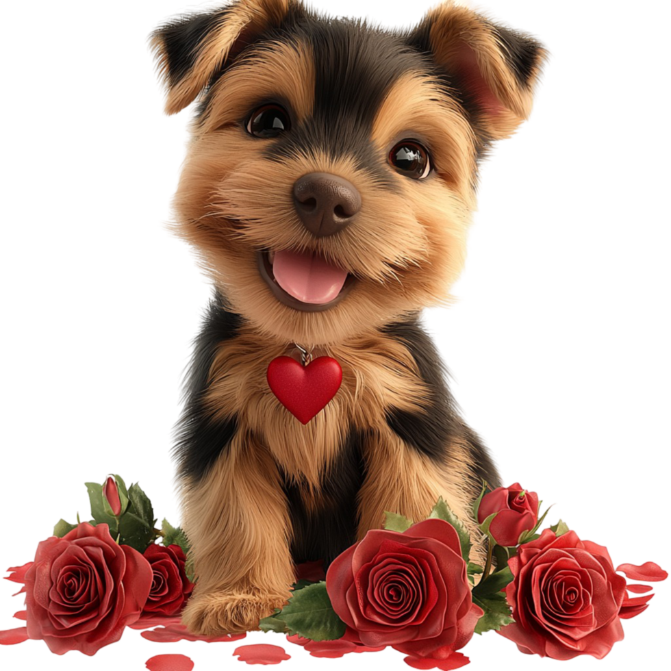 Adorable puppy with red heart and roses cute pet portrait png
