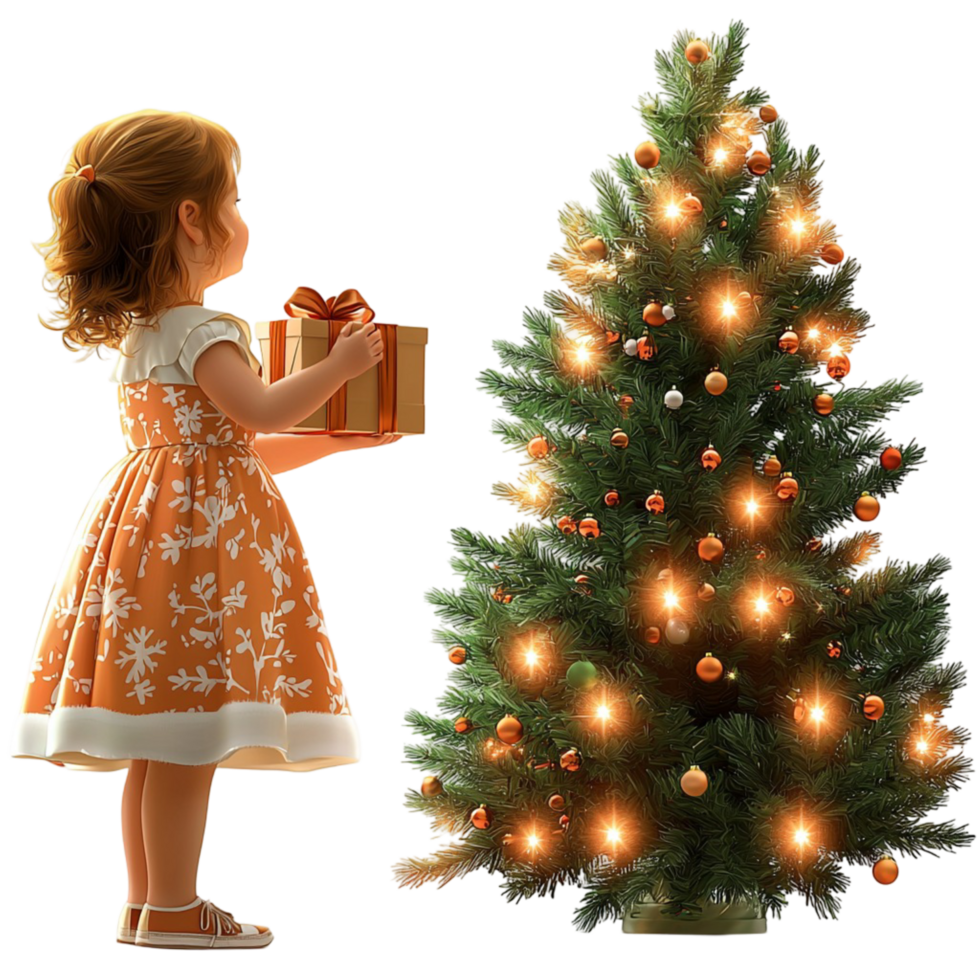 Young girl decorating christmas tree festive holiday celebration png