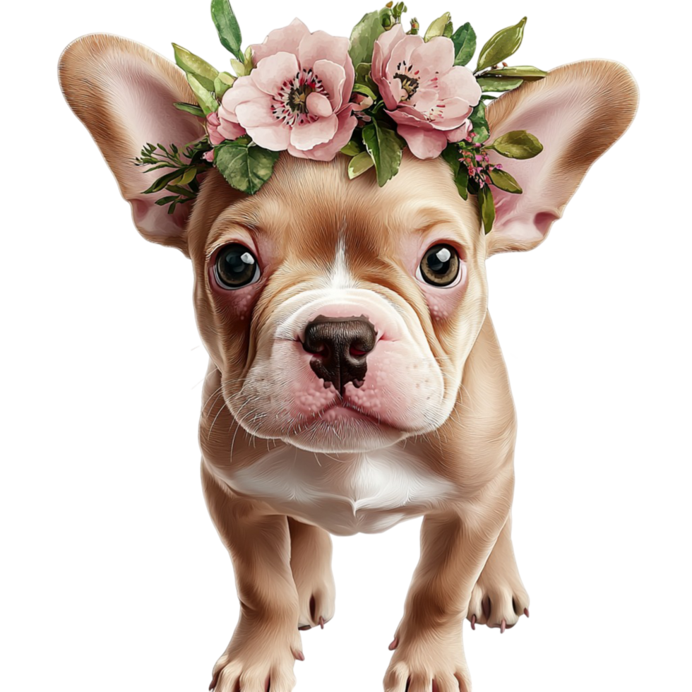 Adorable french bulldog puppy wearing flower crown pet portrait png