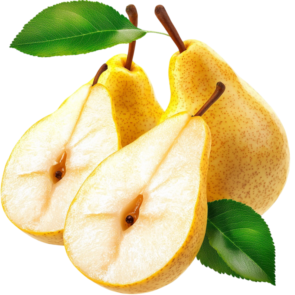 Ripe yellow pears whole and cut healthy fruit still life png
