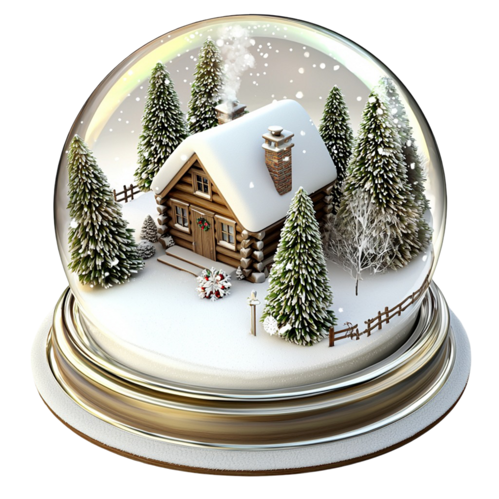 snow globe featuring cozy cabin and pine trees winter holiday scene png
