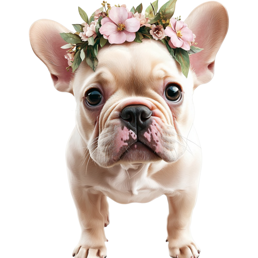 Cute french bulldog puppy with flower crown pet portrait png