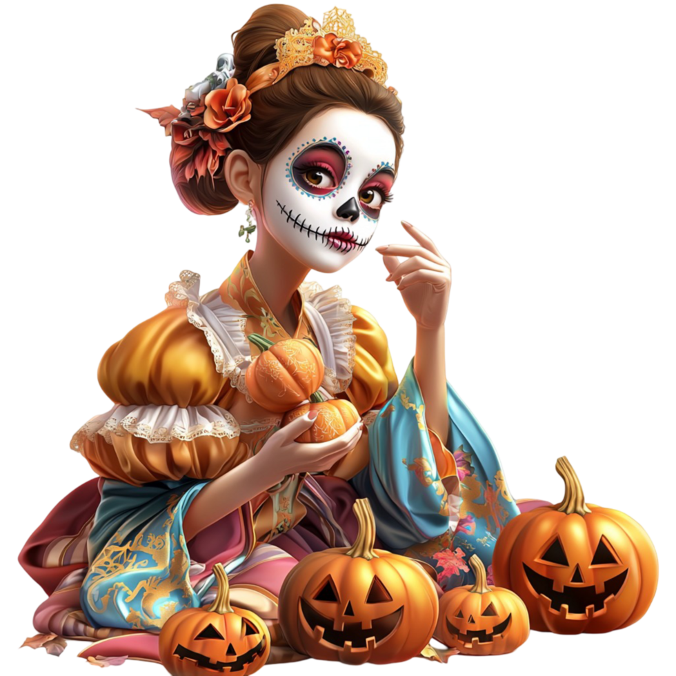 Halloween sugar skull girl with pumpkins and flowers spooky art png