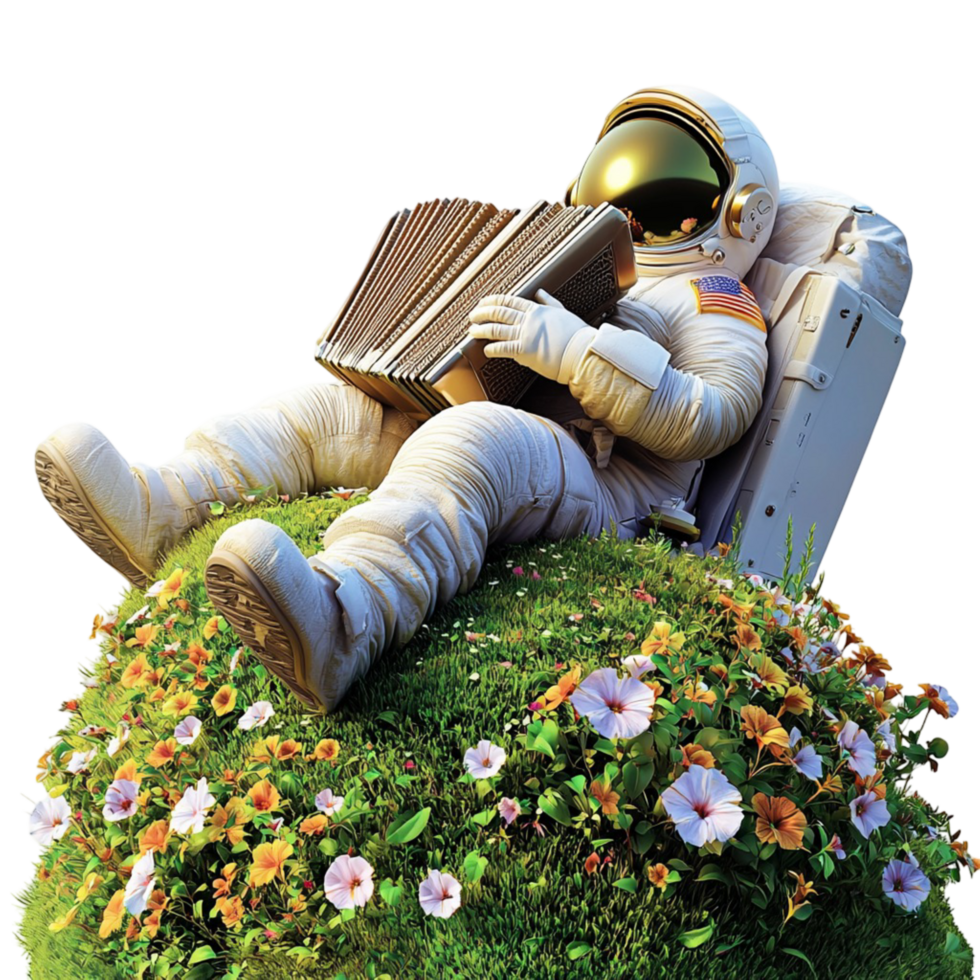 Astronaut relaxing in chair on grassy hill reading book png