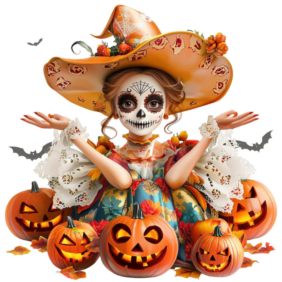 Spooky halloween skeleton witch with pumpkins and candy corn png