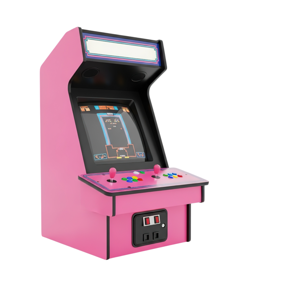 Retro pink arcade game machine with illuminated marquee and joystick controls isolated on transparent background png