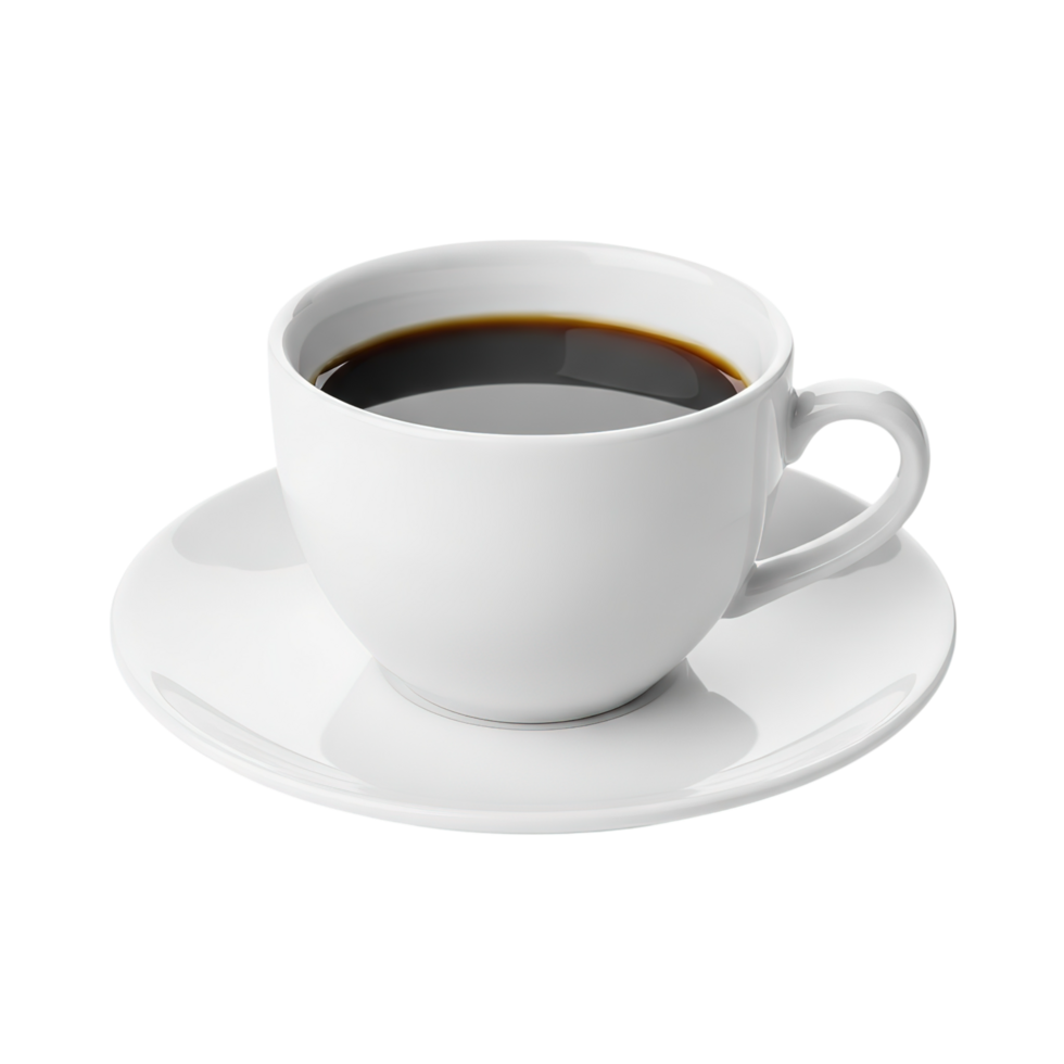 A steaming cup of hot black coffee sits on a matching white saucer isolated on transparent background png