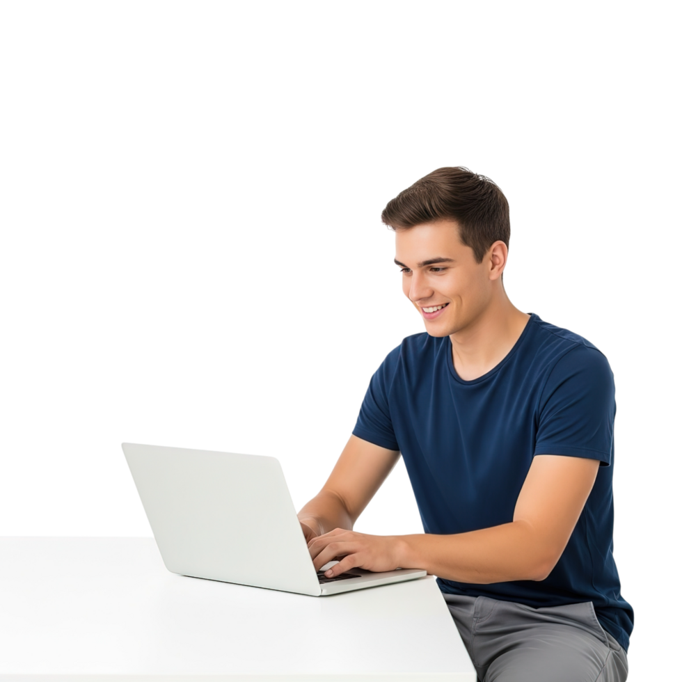 Young man happily working on a laptop with a colorful cloud of digital icons and symbols floating above him isolated on transparent background png